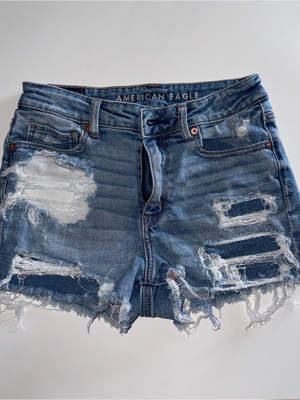 American Eagle Light Blue Denim Shorts with Brown Leather Patch SKU:001 - Picture 1 of 5
